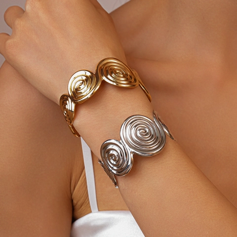 Metal Spiral Texture Open Cuff Bracelet Geometric Twisted Design Adjustable Fashion Jewelry For Women
