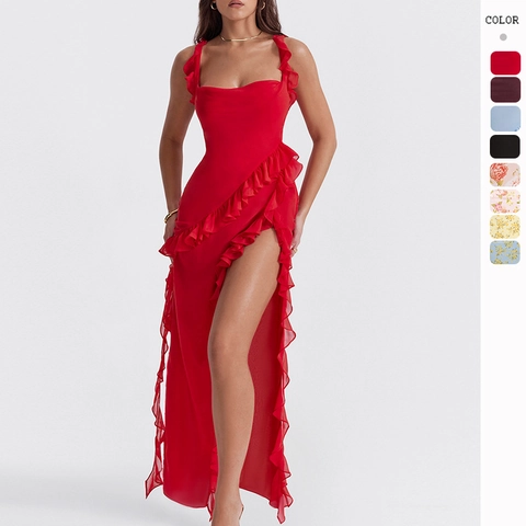 Ruffle Trim Maxi Dress Polyester Sexy High Slit Backless Square Neck French Style Summer Vacation Slim Fit Women