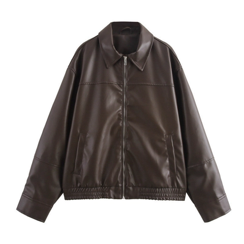 Women Faux Leather Bomber Jacket Vintage PU Streetwear Zip Up Lapel Long Sleeve Outwear