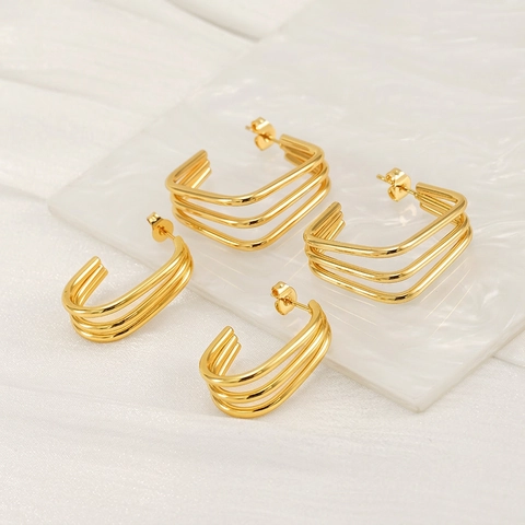 Triple Layered Geometric Hoop Earrings 18K Gold Plated Stainless Steel Minimalist Square C Shaped Fashion For Women