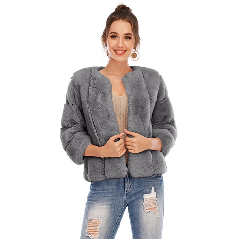 Women Faux Fur Jacket Round Neck Short Coat Long Sleeve Warm Elegant Solid Color Winter Outerwear