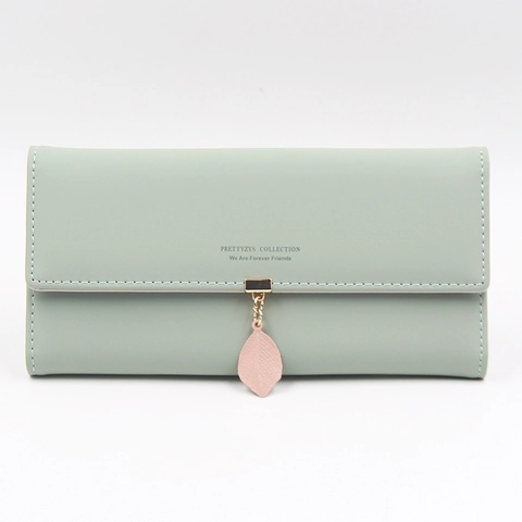 Long Portefeuille Pour Femmes Cuir PU Grande Capacité Pochette À Rabat Avec Pendentif Feuille Élégant Doux