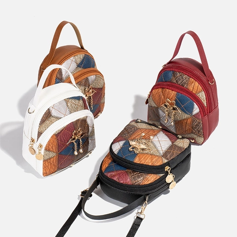 Frauen Mini Rucksack PU Leder Patchwork Gesteppt Multi Reißverschluss Kleine Umhängetasche Mode Lässige Reise Handtasche