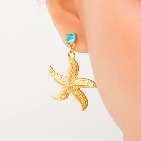 Pendientes De Estrella De Mar Acero Inoxidable Chapado En Oro 18K Con Circonita Azul Y Perla Artificial Joyería Verano