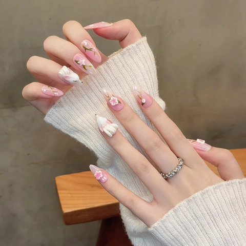 Uñas Postizas Hechas a Mano Degradado Rosa Blanco Diseño 3D Zorro Conejo Flor Relieve Estilo Neochino Uñas Pintadas a Mano