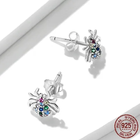 925 Sterling Silver Stud Earrings With Colorful Zircon Insect Series Spider Butterfly Bee Dragonfly For Women Jewelry