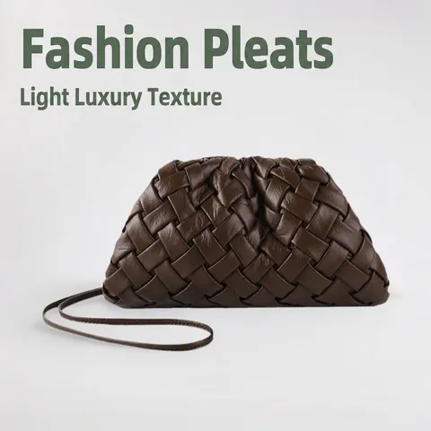 Weaved Crossbody Bag Dumpling Shape Cloud Pouch Pleated PU Leather Handbag Adjustable Strap For Women Minimalist