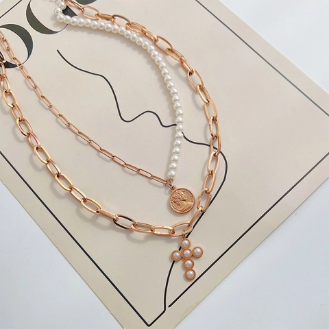 Double Layered Necklace Stainless Steel Imitation Artificial Pearl Portrait Coin And Cross Pendant Vintage Fashion Jewelry For Women
