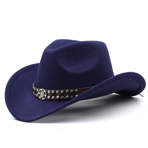Western Cowboy Hat Wide Brim Wool Felt Vintage Outdoor Riding With Leather Belt Metal Rivets For Men Women