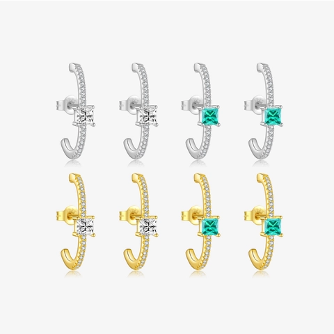 925 Sterling Silver C-Shaped Stud Earrings For Women Pave Rhinestone Square Green White Stone Fashion Jewelry With 925 Silver Post