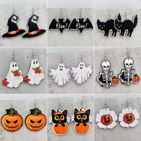 Orecchini Di Halloween In Legno Cartone Animato Zucca Fantasma Pipistrello Ragno Gatto Nero Per Donne Gioielli Per Feste