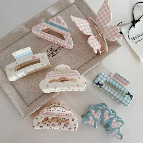 Korean Sweet Acrylic Hair Claw Clips Gingham Plaid Floral Leopard Print Bow Shark Clips Fashion Hair Accessories For Women
