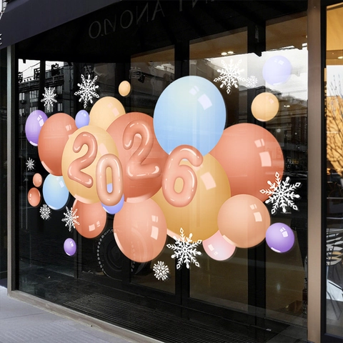 2026 New Year Christmas Window Stickers Static Cling PVC Decals Double Sided 3D Colorful Balloon Snowflakes Shop Home Decor