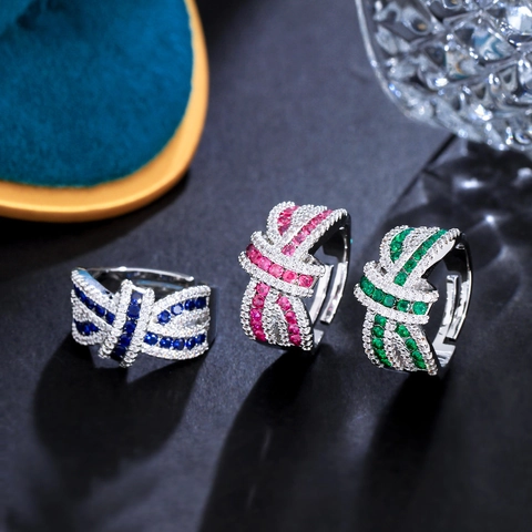 Verstellbarer Offener Ring Kupfer Vergoldet Verflochtene Schleife Zirkon Funkelnd Luxus Elegant Geschenk Frauen