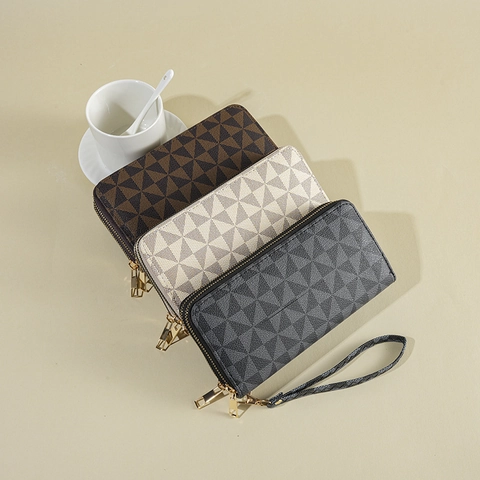 Lange Geldbörse Mit Doppelreißverschluss Damen PU-Leder Geometrischer Druck Clutch Handschlaufe Kartenfächer Großes Volumen