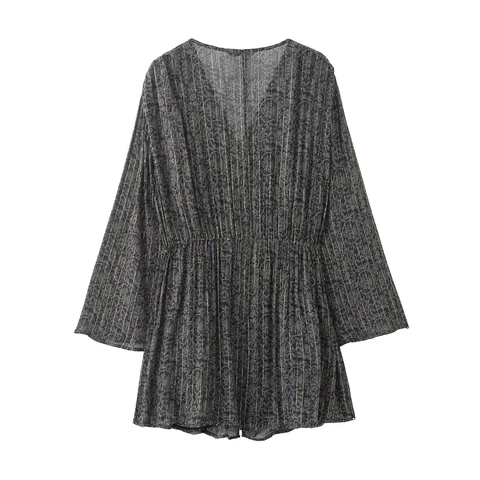 Bohemian V-Ausschnitt Mini-Kleid Damen Blumendruck Chiffon Langarm Mit Goldmetallfaden Quaste Kordelzug Taille