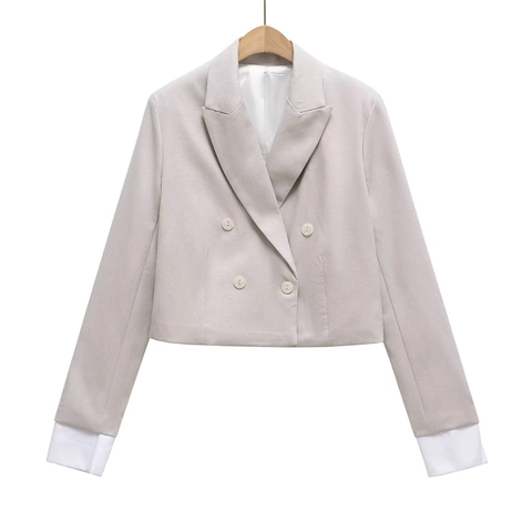 Dames Crop Double Breasted Blazer Katoen Geweven Revers Witte Contrast Manchetten Elegante Kantoor Dames Jasje