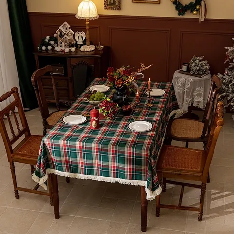 Weihnachts Tischdecke Kariert Polyestergewebe Mit Quasten Britischer Tartan Stil Feiertags Tischdeko Esszimmer Heim