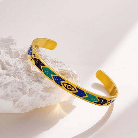Bohemian Colorful Enamel Geometric Pattern Stainless Steel Open Cuff Bracelet For Women Vintage Gold Plated Bangle Jewelry