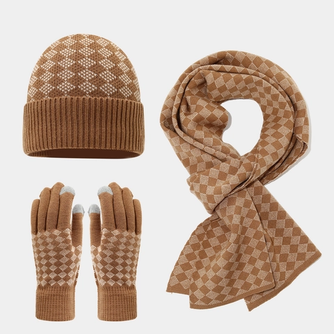 Gorro Bufanda Y Guantes Táctiles De Punto Cálidos Para Invierno Acrílico Patrón De Rombos Accesorio Casual