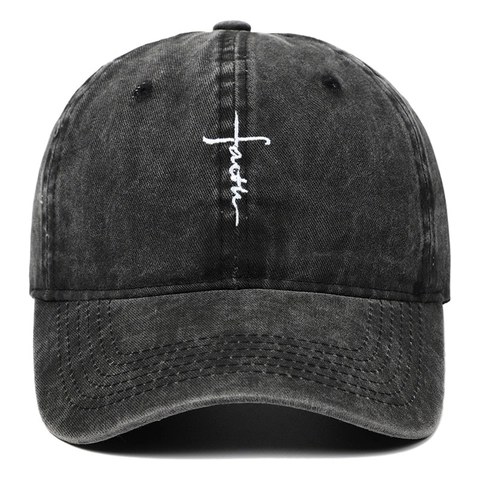 Faith Cross Embroidery Washed Cotton Baseball Cap Vintage Distressed Adjustable Sun Hat Men Women