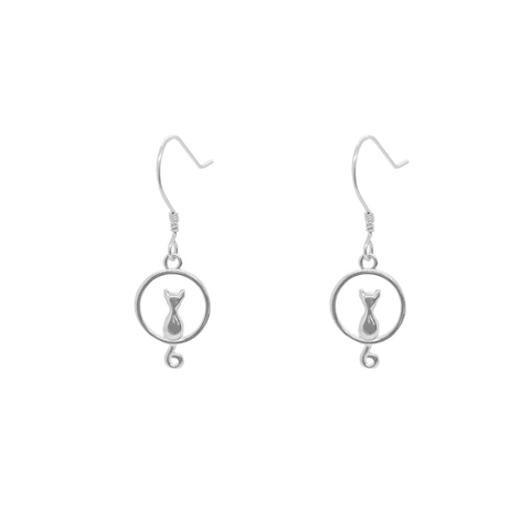 925 Sterling Silver Cute Cat In Circle Drop Earrings For Women Minimalist Animal Silhouette Dangle Ear Hook Jewelry