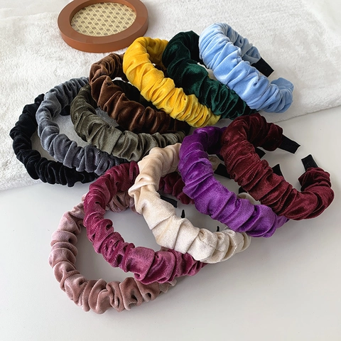 Pleated Velvet Headband Solid Color Ruched Wide Hair Hoop Fashion Headpiece For Women