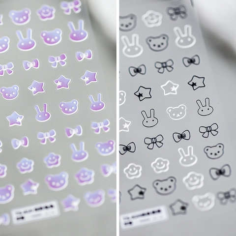 Embossed Nail Stickers Cartoon Bear Rabbit Patterns Self Adhesive Gradient Colorful DIY Manicure Decoration For Women