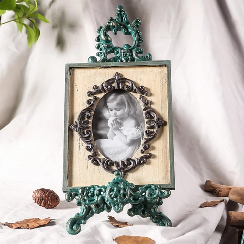 Support De Chevalet D'affichage En Fonte Vintage Vert Antique Or Baroque Volute Assiette Photo Menu