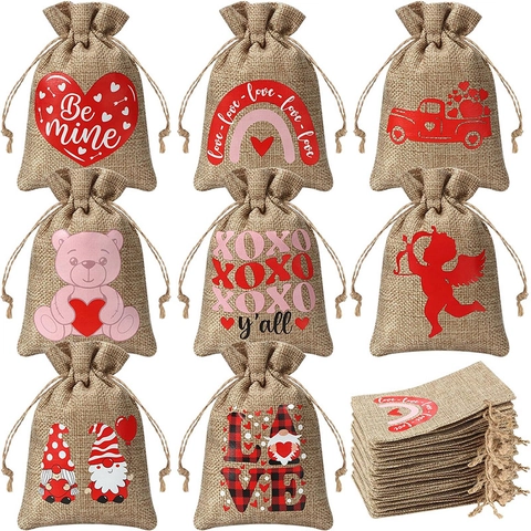 Valentine Day Burlap Cord Bags Heart Bear Print Linen Jute Gift Bags Party Favor Candy Wrapping For Wedding Romantic