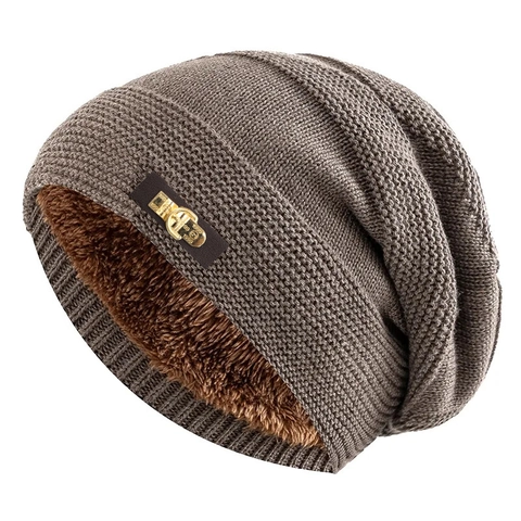 Gorro De Punto De Invierno Grueso Cálido Forrado De Piel Sintética Color Sólido Con Parche De Cuero Sintético Decoración