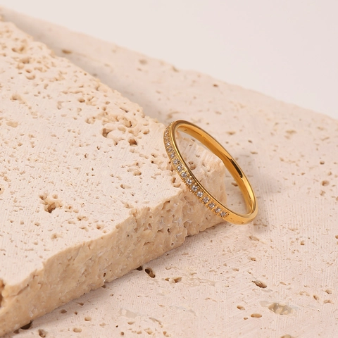 Minimalist Thin Stainless Steel Ring For Women Gold Plated Pave Cubic Zirconia Micro Inlaid Elegant Geometric Jewelry