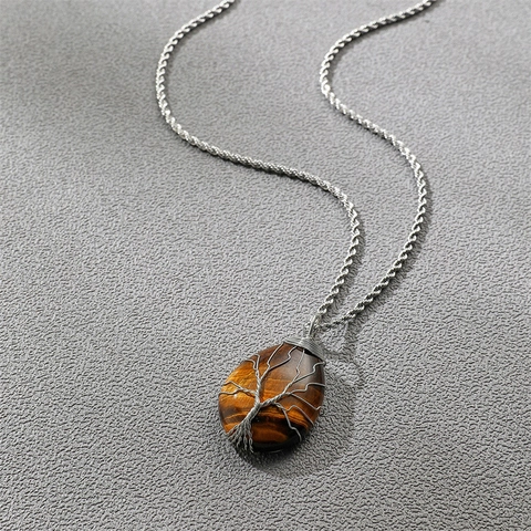 Collar Con Colgante Árbol De La Vida De Piedra Ojo De Tigre Para Hombre Vintage Envuelto En Alambre Cadena De Acero Inoxidable Joyería