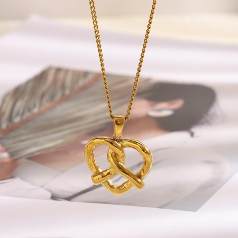 Heart Pendant Necklace Gold Plated Stainless Steel Twisted Knot Pretzel Design Fashion Jewelry For Women