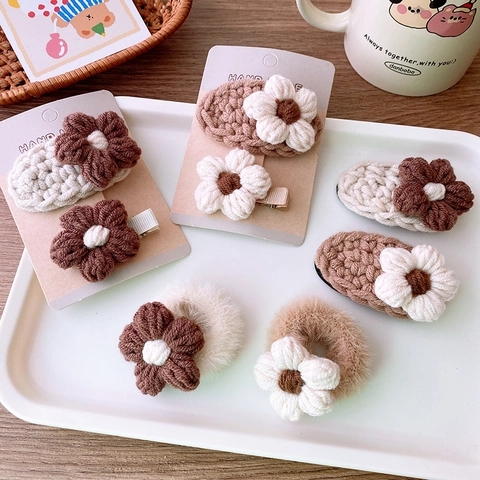 Pinzas Para El Cabello De Flores Tejidas Y Coletero De Felpa Estilo Coreano Dulce Ganchillo Hecho A Mano Para Niñas