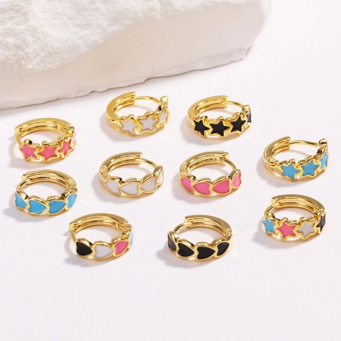 Enamel Hoop Earrings Heart Star Pattern 18K Gold Plated Brass Huggies Colorful Fashion Jewelry For Women