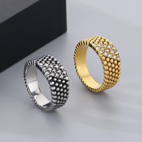 Anillo De Acero Inoxidable Para Hombre Estilo Retro Hip Hop Con Baño De Oro 18K Y Piedras De Imitación