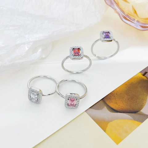 Rectangle Zircon Halo Ring Stainless Steel Titanium Emerald Cut Colorful Stone Elegant Jewelry For Women