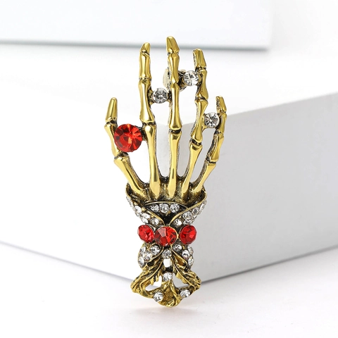 Vintage Alloy Rhinestone Skeleton Hand Brooch Punk Gothic Skeleton Bone Pin For Men Women Halloween Jewelry Accessory