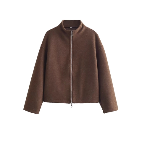 Women Woolen Jacket Loose Long Sleeve Stand Collar Zip Up Casual Outerwear Brown Vintage Solid Fashion Top