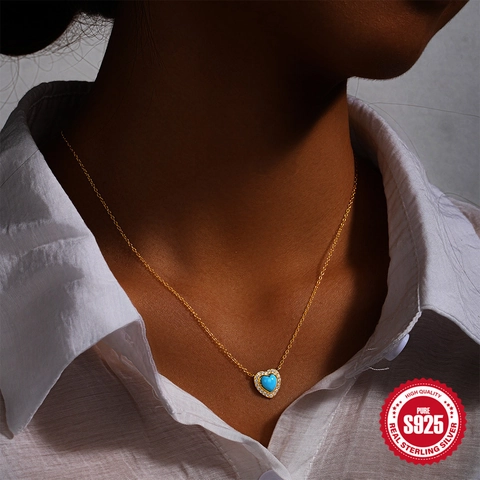 925 Sterlingsilber Herz Türkis Anhänger Halskette Für Damen Französischer Stil Vergoldet Strass Schmuck Muttertagsgeschenk