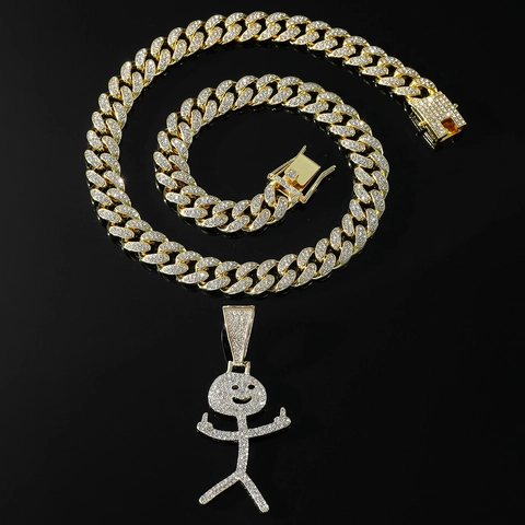Hip Hop Iced Out Stickman Pendant Necklace Alloy Full Rhinestone Cuban Chain Bling Cartoon Figure Jewelry For Men