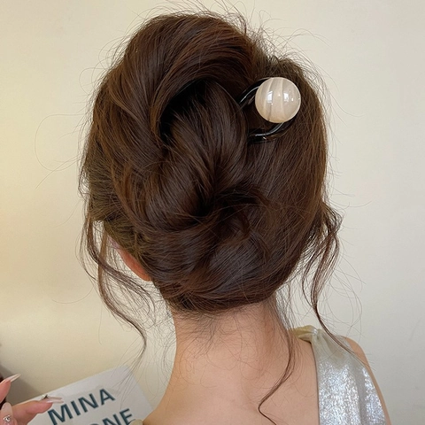 Retro Simple U-Shaped Hair Stick With Round Marble Pattern Resin Bead Hair Fork For Women Bun Styling