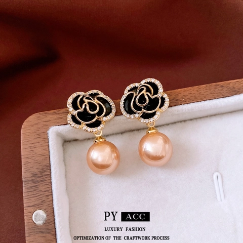 Pendientes Colgantes De Camelia Elegantes Con Esmalte Negro Zircón Y Perla Artificial Para Mujer Joyería Vintage Francesa