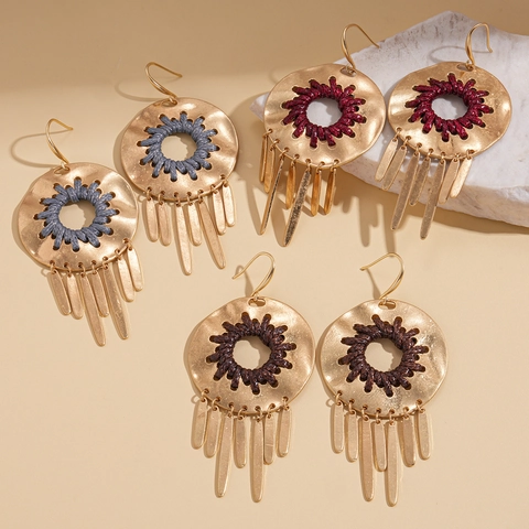 Bohemian Hollow Geometric Round Alloy Earrings With Leather Rope And Metal Tassels Vintage Style Fashion For Women