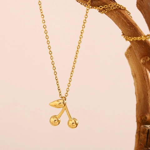 Cherry Jewelry Set 18K Gold Plated Stainless Steel Fruit Pendant Necklace And Stud Earrings Minimalist Dainty Style Women