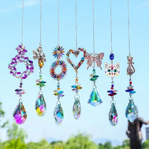Crystal Suncatcher Hanging Ornament Rainbow Maker Prism Pendant For Window Garden Decoration Butterfly Heart Cat Rhinestone