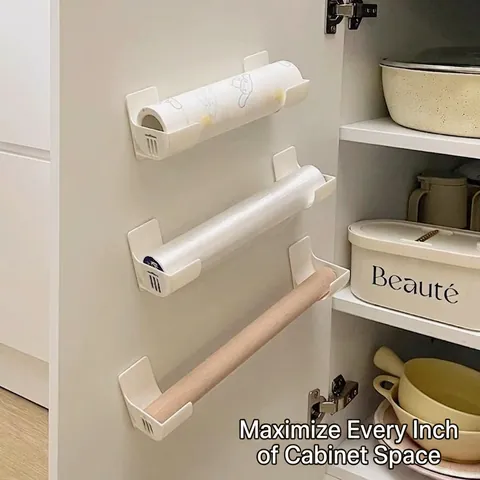 Wall Mounted Plastic Storage Bracket Self Adhesive No Drill Holder For Kitchen Cabinet Refrigerator Wrap And Garbage Bag