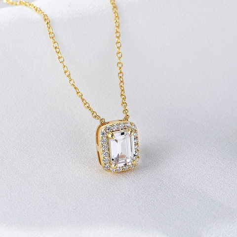 925 Sterling Silver Necklace For Women Elegant Emerald Cut Square Pendant Halo Rhinestone Inlaid Fashion Minimalist Jewelry Gift