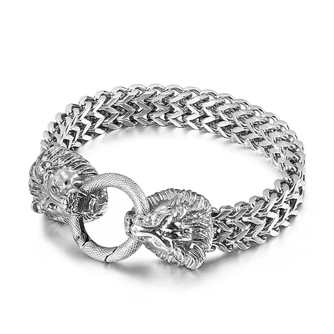 Men Stainless Steel Lion Head Bracelet Vintage Punk Heavy Industrial Style Double Lion Biting Ring Chain Bracelet Jewelry
